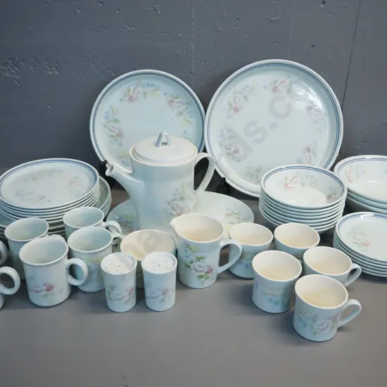 46 pieces of retro Crown Lynn Antique Rose pattern dinnerware including coffee pot