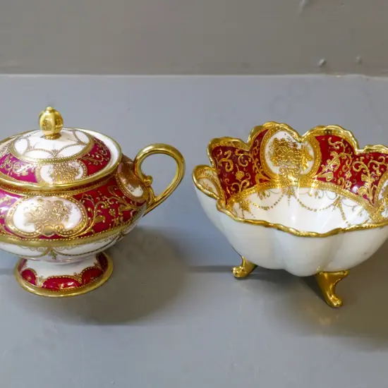 red & heavily gilded lidded bowl and open bowl - unknown maker - lidded is H-130