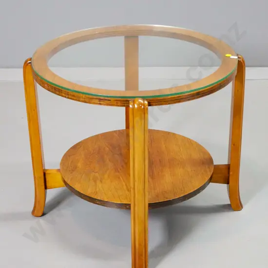 vintage mahogany and ply glass-topped round occasional table H-460 Diameter 400