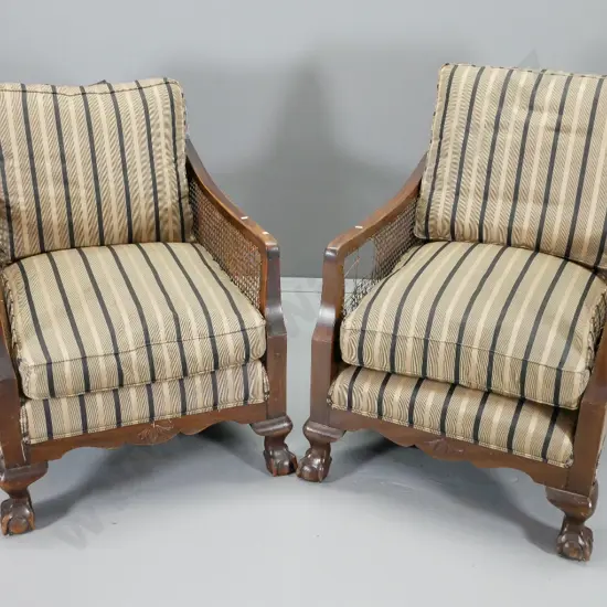 pair of vintage bergere lounge chairs w/carved back rails, ball & claw feet - damage to bergere cane H900 W640 D700