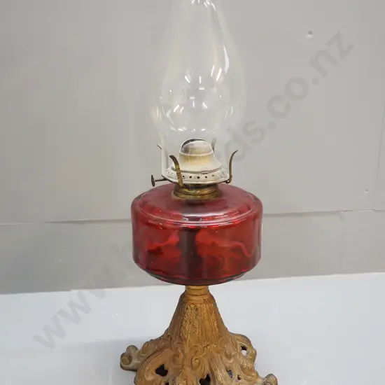 cast metal and red glass kerosene lamp with chimney H-440