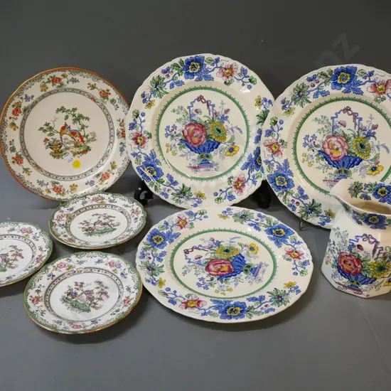 4 pieces of Mason's Strathmore - 3 dinner plates and a jug H-140 - and 4 Spode plates