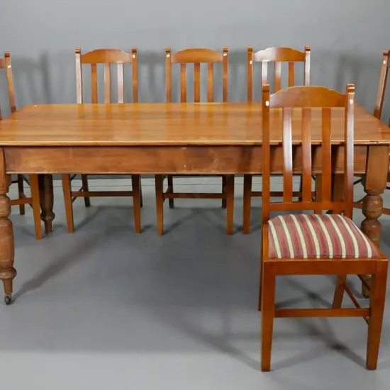 vintage kauri colonial style dining table & 6 modern kauri chairs - only 2 casters on table H780 L1800 W990