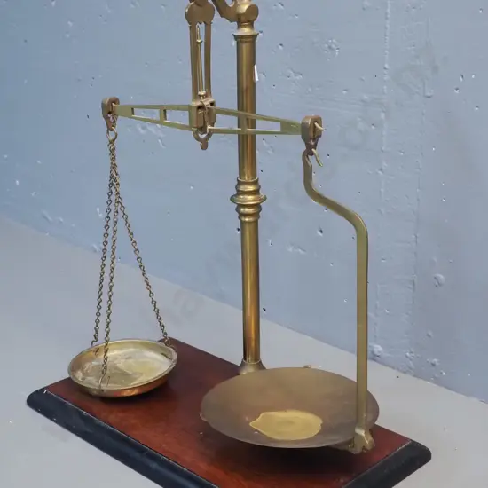 large brass balance scales on wooden base H-500 W-400 D-220