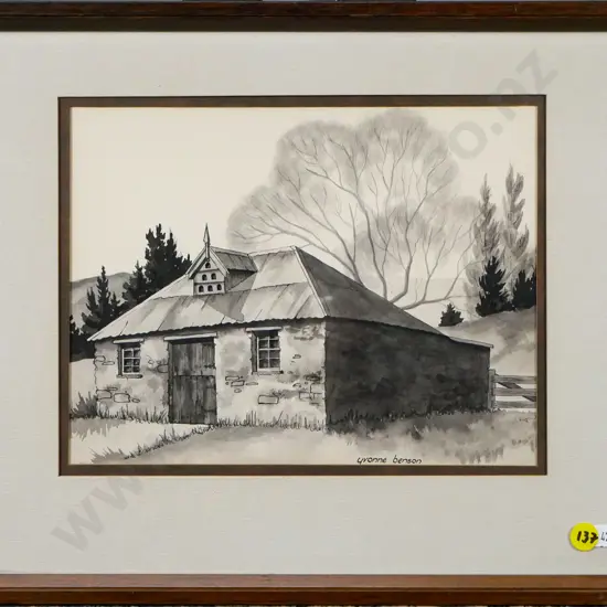 Yvonne Benson - framed watercolour "Stone Farm Building, Galloway Station, Near Alexandra" H-180 W-230