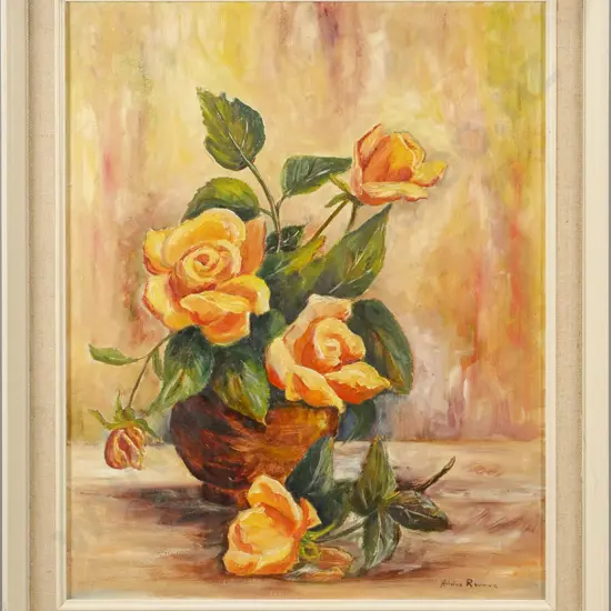 Hilda Rivers - framed oil - still life roses H-500 W-400