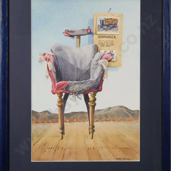 Burns Pollock - framed watercolour "Bill Cogger's Barber Chair" H-510 W-340