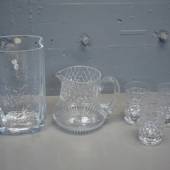 Crystal D'Arque France heavy cut crystal wheat sheaf motif vase H-250 and a water jug with 3 tumblers