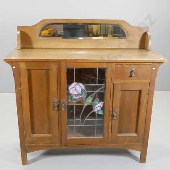 deco oak sideboard with mirror upstand, 2 panel & 1 leadlight door, drawer w/drop handle, key H1210 W1220 D480