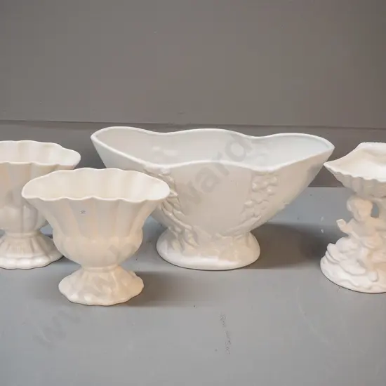 4 cream glaze items: large flower trough marked 553, W-300, pair Shorter & Son fan-shape vases, Japanese soap holder