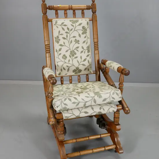 vintage Dexter cotton reel rocking chair w/patterned chenille upholstery H1100 W560 D570