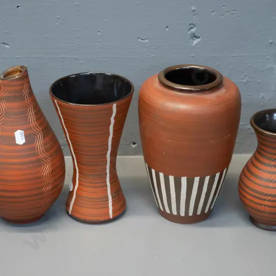 4 German pottery vases - one handled w/incised pattern. Largest is H-200 D-130