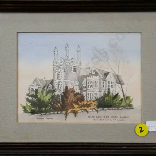 framed Yvonne Benson hand coloured print - Otago Boys H-100 W-130