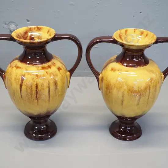 pair of Blue Mountain pottery brown and gold double handled urn vases H-300 W-250