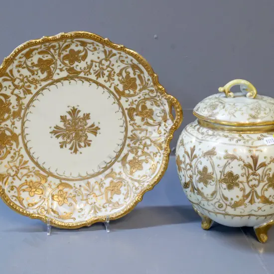vintage Japanese heavily gilded plate D-290 and 3-footed cover pot H-230