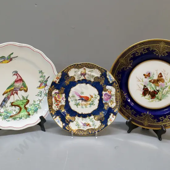 3 cabinet plates - Caverswell butterflies, Copland Chelsea bird and unmarked bird plate
