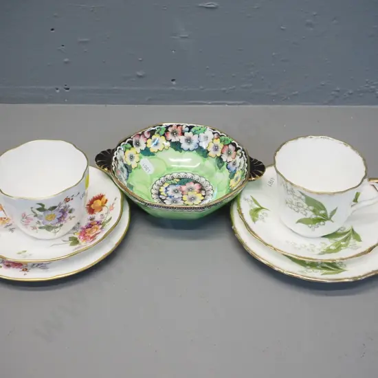 2 trios - Derby Posies and Old Royal Lily of the Valley - and a Maling green thumbprint dish