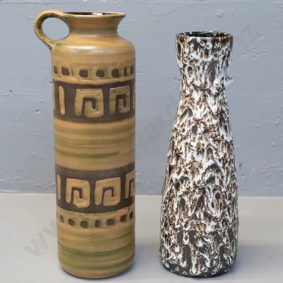 2 German pottery vases - mottled white and brown, taller geometric is H-300