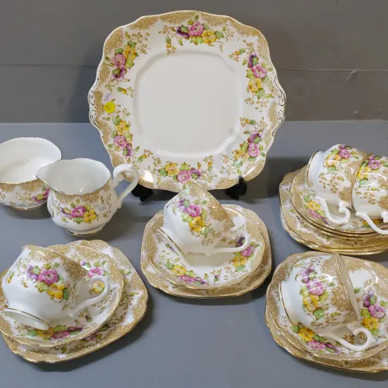 Royal Albert floral tea set - cake plate, cream & sugar, 6 plates and saucers, only 5 cups