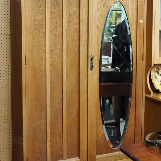 deco oak 2-door 1 drawer wardrobe w/leadlight windows, bevelled mirror, on casters H2050 W1020 D530