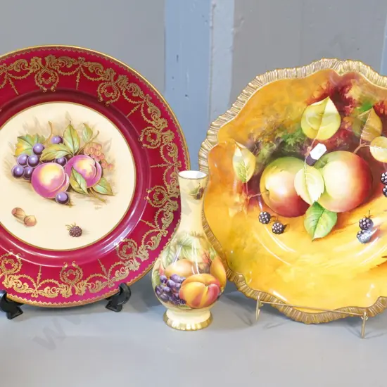 Aynsley Autumn Gold plate D-260 & Orchard Gold vase, Caverswell fruit plate