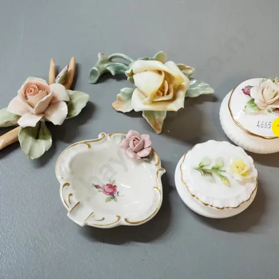 various small rose-pattern china items - Coalport pill box, Royal Adderley, German dish, etc. - largest rose is H60 W95