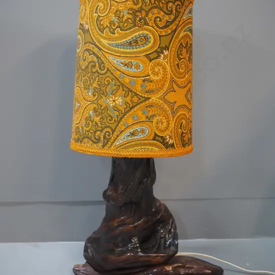 retro driftwood table lamp with paisley pattern shade H-570 D-230
