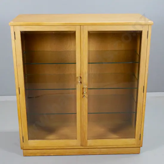 oak 2-door display cabinet w/bevelled glass, 3 adjustable shelves, brass drop handles, key - some marks H1000 W910 D4