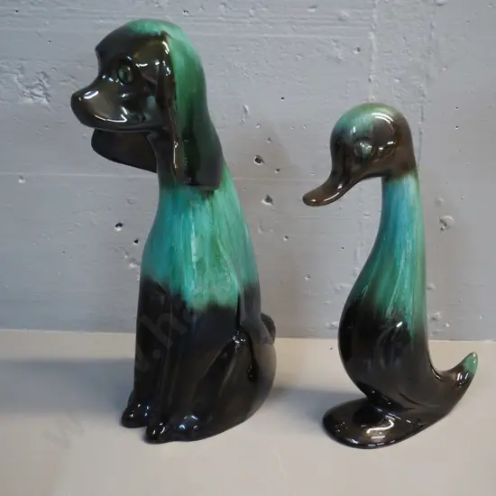 2 Blue Mountain large pottery figurines - dog H-360 and duck