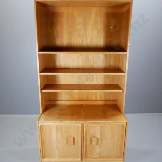 mid-century oak 2-door cabinet with bookcase top - 2 shelves adjustable. A few chips, fading H1770 W910 D470