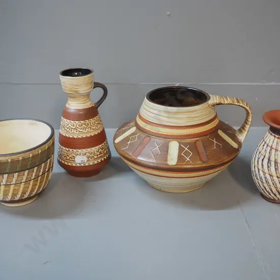4 German pottery items - taller handled vase is H-150 W-210