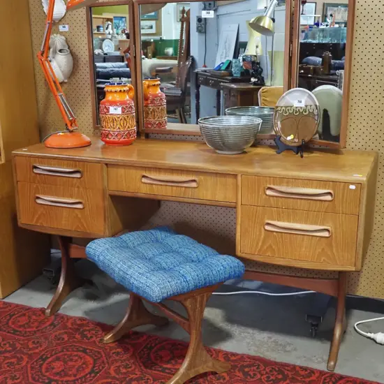 mid-century teak dressing table w/wing mirrors, stool, polish needs work, some movement in mirror frame H1320 W1370 D460