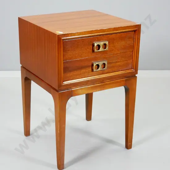 mahogany mid-century 2-drawer bedside table with brass drop handles H610 W410 D400