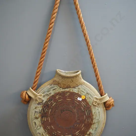 J Ing (Jock Ing?) New Zealand pottery wall flask with hanging rope D-340
