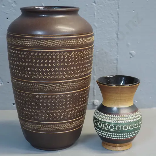 2 German pottery incised pattern vases - larger is H-250 D-150