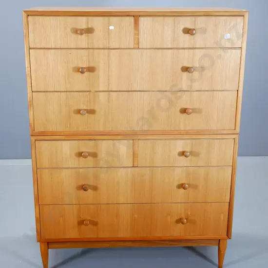 mid-century oak 8 drawer chest-on-chest style with wooden knob handles - fading to polish H-1210 W-900 D-420