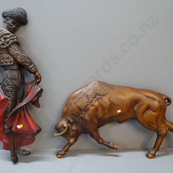 retro wood fibre composite wall hanging matador and bull - matador is H-720, bull L-700
