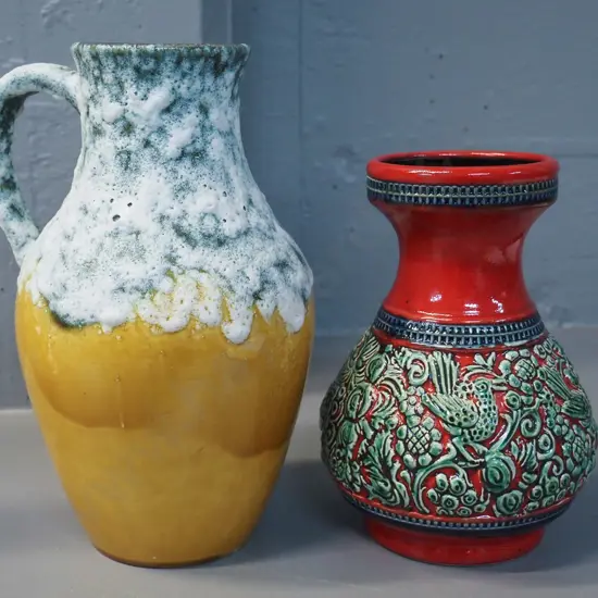 2 German pottery vases - taller is H-270, shorter one has chip to base