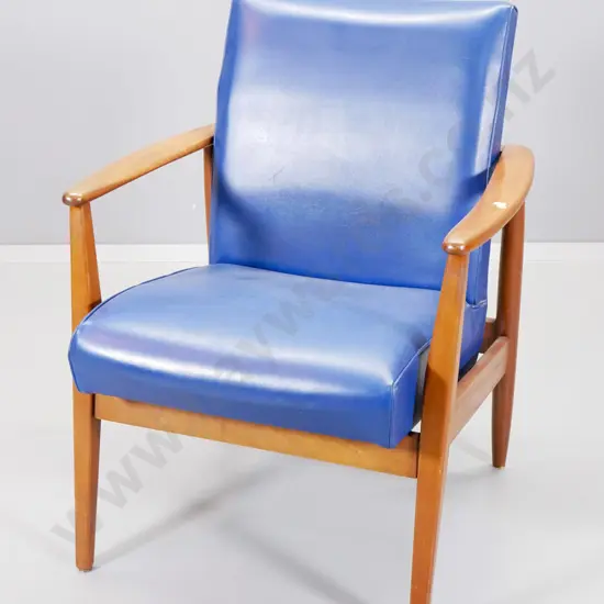 mid-century teak framed occasional chair in blue vinyl upholstery H830 W650 D660