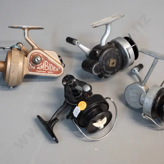 4 English fishing reels - Young & Sons Ambidex, Morritt's Intrepid Standard, Allcock Fast Easy, Esher Manu & Co