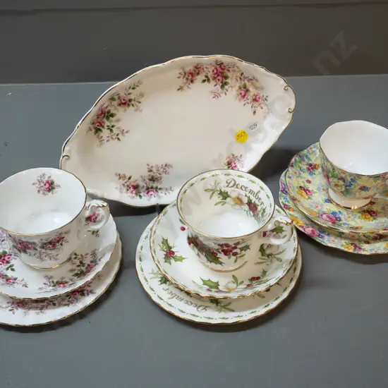 4 pieces Royal Albert china - Lavender Rose biscuit plate & trio, Christmas Rose trio, and an AOF trio