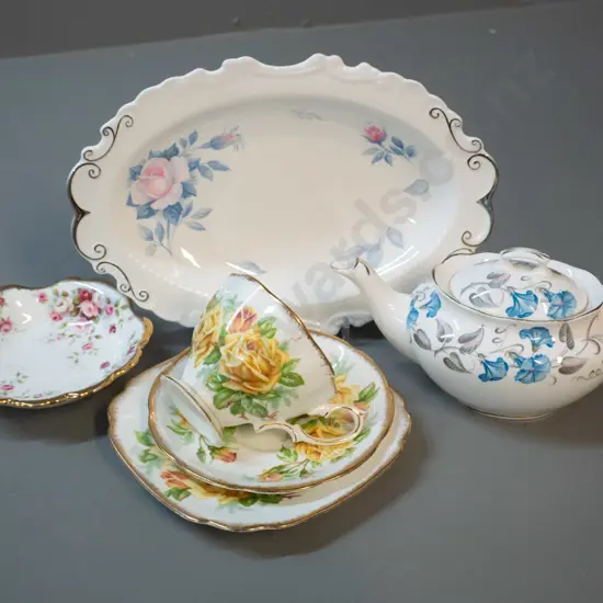 Royal Albert china - biscuit plate, jam dish, Morning Glory small teapot, and a Tea Rose trio