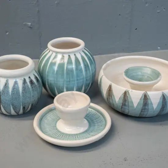 4 pieces Hanmer New Zealand pottery - 2 vases, taller is H-100, candlestick and egg cup