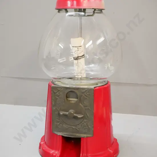 metal and glass gumball dispenser - made in Taiwan, some fading or rubbing to finish on cap H-390 D-200
