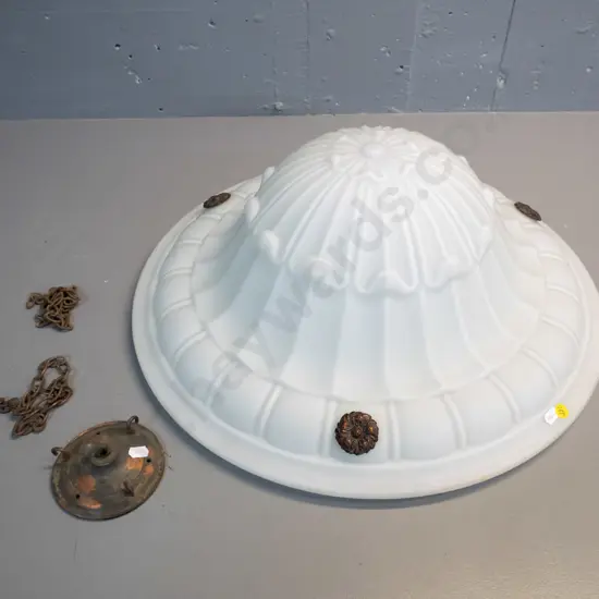 large nouveau frosted milk glass ceiling light shade w/ copper finish fittings, hanging chains & ceiling rose H200 D520