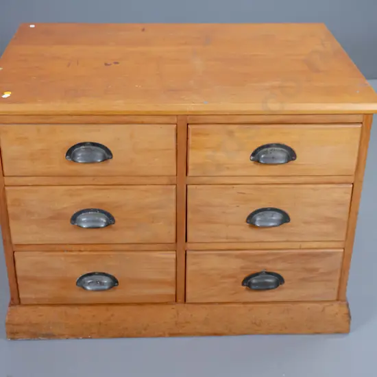 vintage kauri 6-drawer low chest / office cabinet with metal cup handles - polish needs work H580 W810 D570