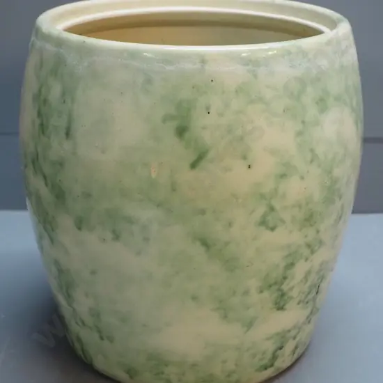 large mottled green and cream wide mouth crock - no lid, some staining below rim H-330 D-300