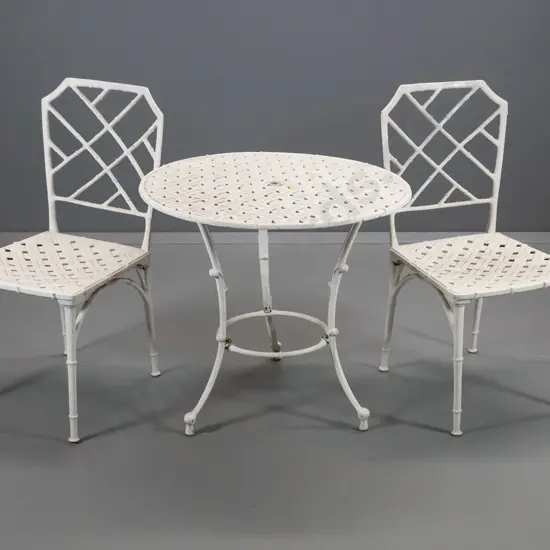 Underwood Engineering cast aluminium outdoor table and chairs - bamboo style, painted white - table is H640 D680