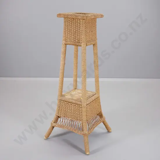 vintage woven seagrass 2-tier plant stand with ply shelves - water marks and cracks to shelves H1120 W470 D470