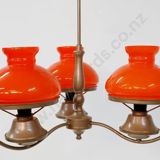 retro 3-light brass ceiling light fitting with orange glass shades, burnished gold finish H-500 D-480